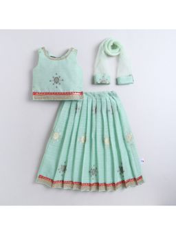 Many Frocks - Chanderi Sleeveless Flower Woven Lace Lehenga With Choli & Dupatta