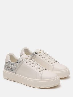 PAZZION - Women Beige Arco Crystal Embellished Chunky Lace-Up Sneakers