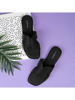 LAZERA SHOES - Women Black Textured H-Strap Flats