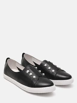 PAZZION - Women Black Studded Silver Accent Leather Slip-On Sneakers