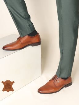Carlton London - Men Tan Textured Leather Lace-Ups Derbies