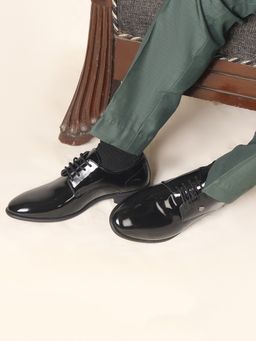 Carlton London - Men Black High-Shine Formal Lace-Up Leather Oxfords