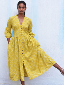 Chidiyaa - Humming Bird Golden Sunrise Olive Handblock Printed Cotton Dress