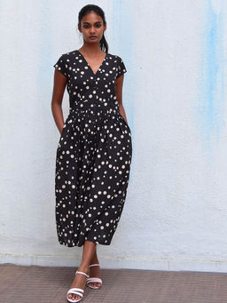 Chidiyaa - Humming Bird Radiant Delight Black Polka Handblock Printed Cotton Dress