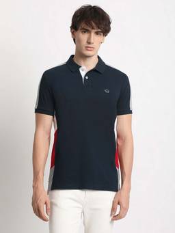 The Bear House - Mens Blue Colour Blocked Slim Fit Polo Neck T-Shirt