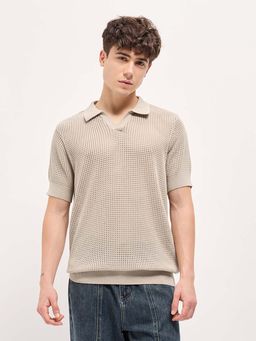 The Bear House - Beige Mens Cotton Polo Collar T-Shirt