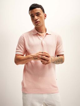 The Bear House - Peach Mens Textured Regular Fit Polo T-Shirt