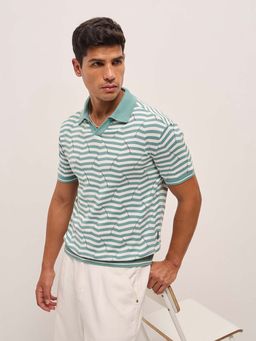 The Bear House - Green Mens Printed Relaxed Fit Polo T-Shirt