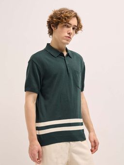 The Bear House - Mens Green Half-Sleeve Flat Knitted Polo