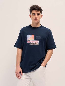 The Bear House - Blue Mens Graphic Crew Neck Oversize T-Shirt