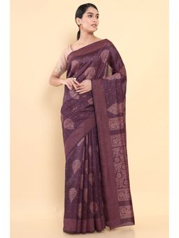 Soch - Women Wine Silk Printed Saree with Unstitched Blouse