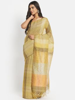 Fabindia - Green Linen Woven Saree without Blouse