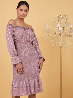 Styli - Purple Off Shoulder Foil Polka Print Shirred Bodycon Knee Length Dress