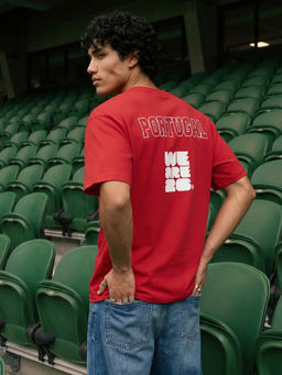 Bewakoof - Fifa Men's Salsa Red Portugal Typography Oversized T-Shirt