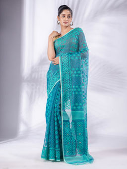 CHARUKRITI - Blue Silk Cotton Handwoven Soft Jamdani Saree with Unstitched Blouse