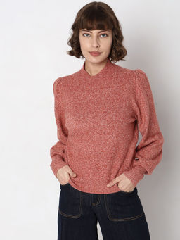 VERO MODA - Red High Neck Melange Yarn Pullover