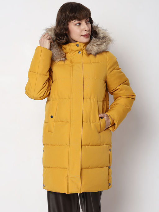 Padded Jacket Yellow Coat With Fur Hood Mustard Faux Fur Trim