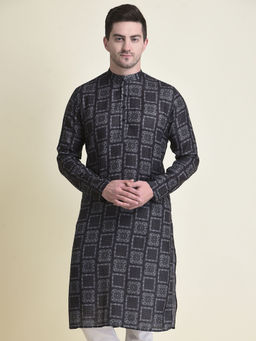 TABARD - Ethnicwear Black Cotton Printed Long Sleeves Mandarin Kurta for Men