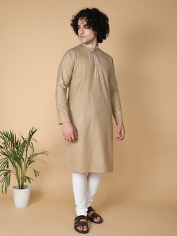 TABARD - Beige Cotton Full Sleeve Regular Fit Plain Kurta for Men