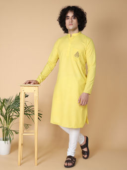 TABARD - Yellow Cotton Full Sleeve Regular Fit Embroidry Kurta for Men