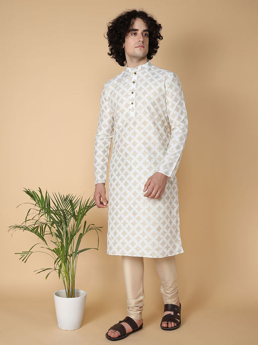 TABARD White Cotton Full Sleeve Regular Fit Printed Kurta for Men