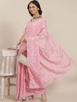 Odette - Pink Elegant Mirror Work Saree with Unstitched Blouse