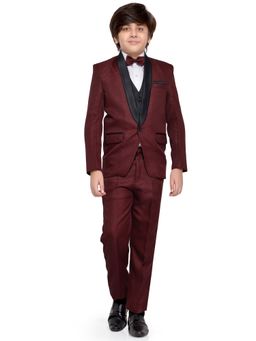 Jeetethnics - Boys Maroon Coat Suit With Waistcoat Shirt And Trousers (Set of 5)