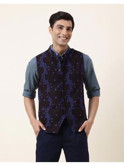 Fabindia - Black Cotton Printed Slim Fit Nehru Jacket
