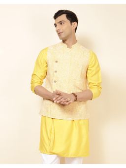 Fabindia - Yellow Cotton Printed Slim Fit Nehru Jacket
