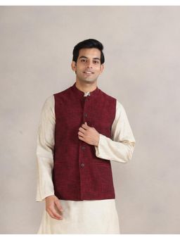 Fabindia - Red Cotton Dobby Slim Fit Nehru Jacket