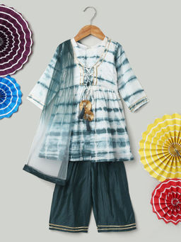 BownBee - Girls Blue Hand Dyed Chanderi Silk Kurti with Palazzo & Dupatta (Set of 3)