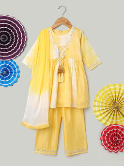 BownBee - Girls Yellow Hand Dyed Chanderi Silk Kurti with Palazzo & Dupatta (Set of 3)