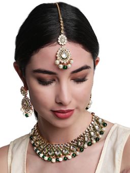 Aatmana - Gold Plated Green and White Kundan Studded Beaded Handcrafted Jewellery