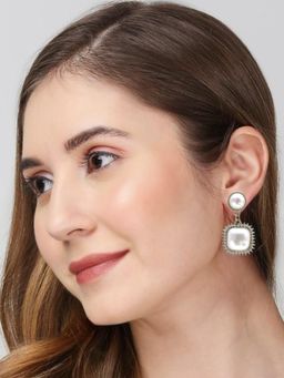 OOMPH - White Pearls Square Western Drop Earrings Partywear