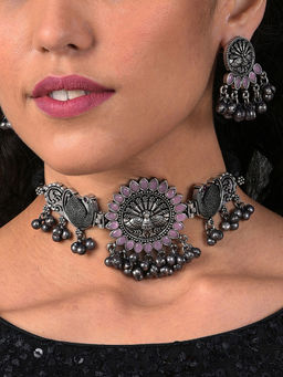 Sohi - Oxidised Silver Plated Pink Stone Studded Choker (Set of 2)
