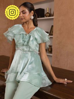 B'Infinite - Sage Ruffle Organza Peplum Top