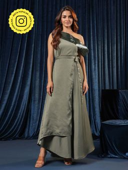 B'Infinite - Olive Satin Embellished Dress