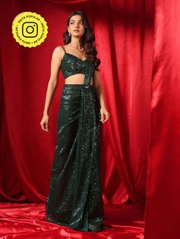 B'Infinite - Emerald Dazzling Pre Draped Saree with Stitched Blouse