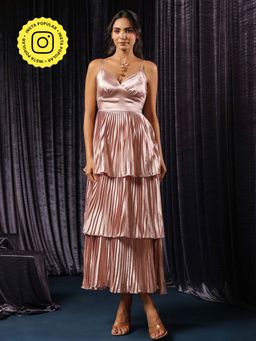 B'Infinite - Pink Classic Metallic Pleated Tiered Maxi Dress