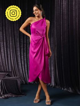 B'Infinite - Magenta Knotted One Shoulder Midi Dress