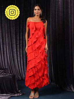 B'Infinite - Red Vermilion Veil Shoulder Straps Ruffled Maxi Dress