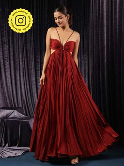 B'Infinite - Maroon Garnet Pleated Cutout Dress