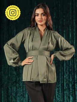 B'Infinite - Surplice Front Lantern Sleeve Top and Belt (Set of 2)