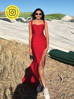 B'Infinite - Vermilion Veil Off-Shoulder Slit Evening Red Gown