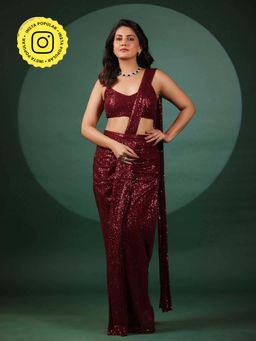 B'Infinite - Vermilion Dazzling Pre Draped Saree with Stitched Blouse
