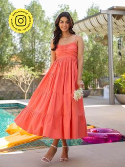 B'Infinite - Tangerine Smocked Tier Midi Dress