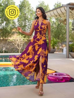 B'Infinite - Purple Tropical Bloom Tie- Up Dress