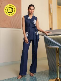 B'Infinite - Embroidered Denim Blue Coat with Pant and Belt (Set of 3)