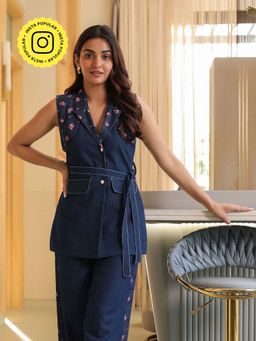 B'Infinite - Blue Floral Denim Blazer with Belt (Set of 2)