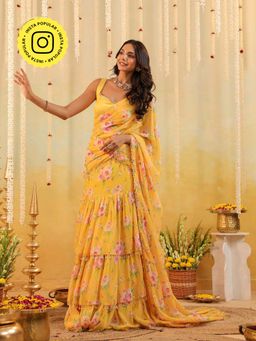 B'Infinite - Yellow Sunlit Garden Embellished Draped Saree with Stitched Blouse